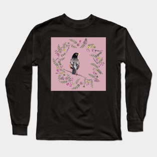 American Robin with Flower Wreath and violet background Long Sleeve T-Shirt